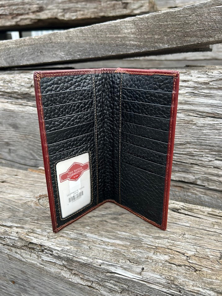 This Brown embossed leather tall wallet features multiple card and cash slots for optimal organization. Inside view showing ID window, Thirteen card slots, and multiple cash slots. 
