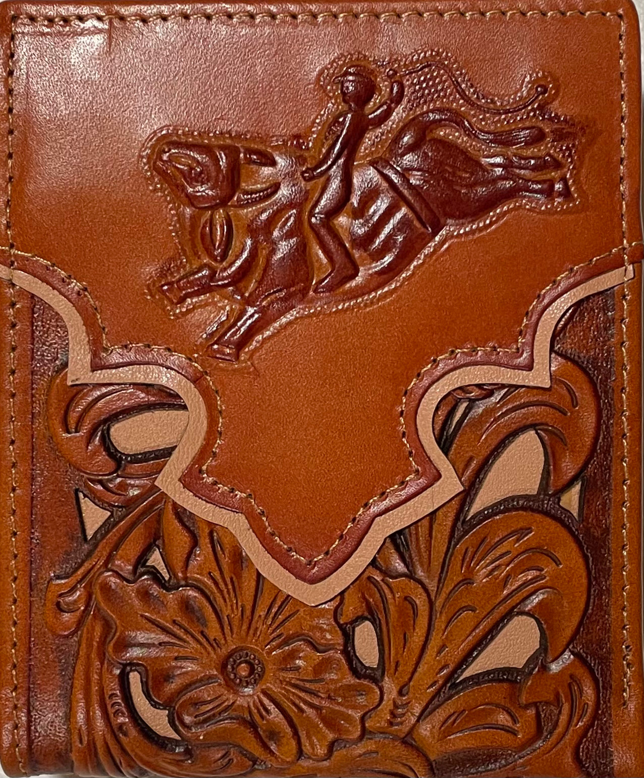 Top Notch Accessories Light Brown Bullrider w/Tan Inlay & Floral Embossed Bi-fold Wallet