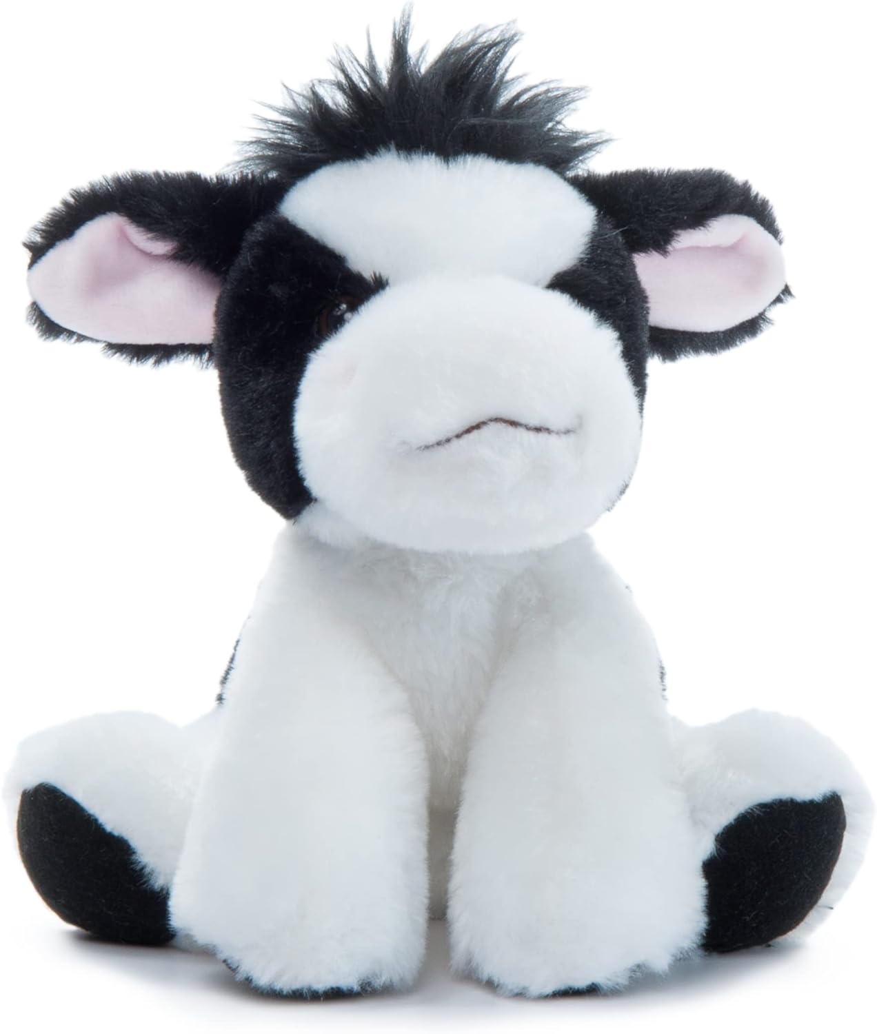 A plush toy resembling a black and white cow with pink ears, a big grin, and a bushy mane, sitting in a perched position.