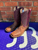 Women's Anderson Bean square toe boots with a Mad Cat Goat Skin vamp and a Glove Burgundy Goat Skin top. Side View showing an intricate stitch pattern on shafts.