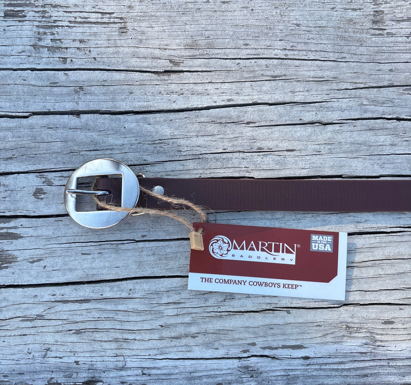 Brown Biothane Flank Cinch Hobble showing flat stainless buckle