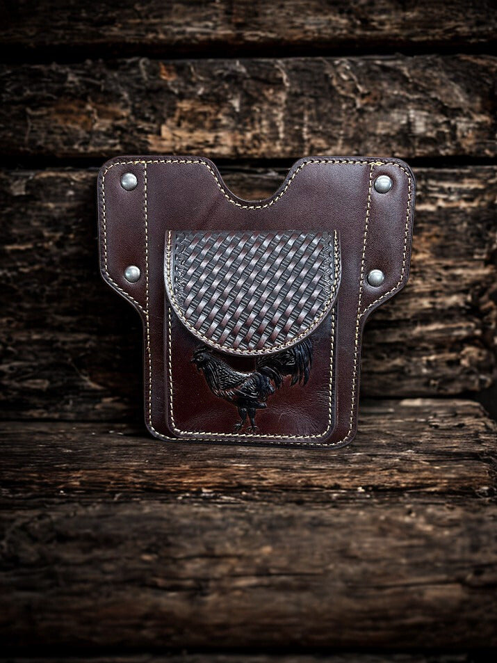 Coffee Brown leather phone case with embossed Rooster design featuring a front pouch. Front View