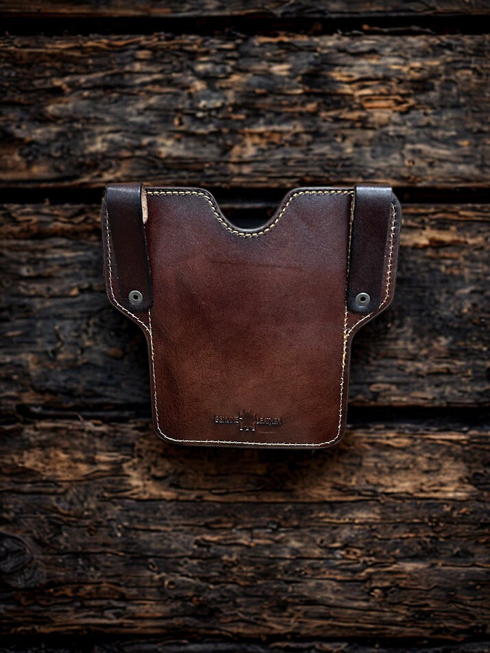 Coffee Brown leather phone case with embossed Rooster design featuring a front pouch.  Rear View