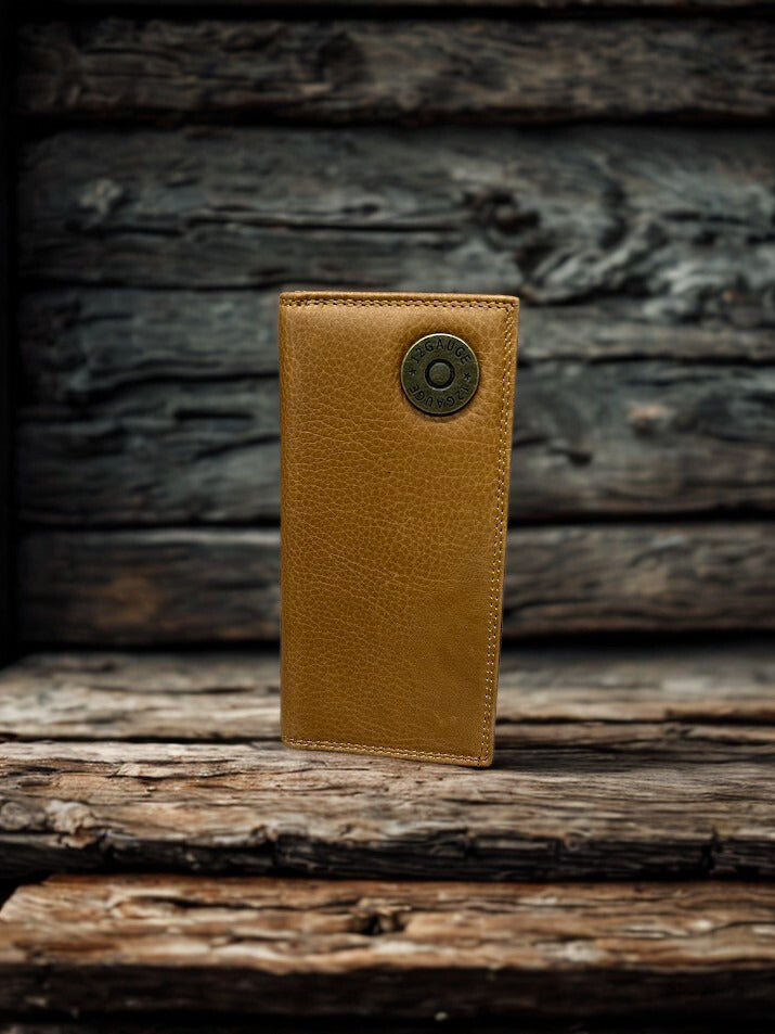 This Brown leather tall wallet features a Shotgun Shell Concho. Front View