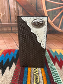 This Coffee Brown basketweave leather wallet features a Praying Cowboy Concho on a Hair- On corner. 