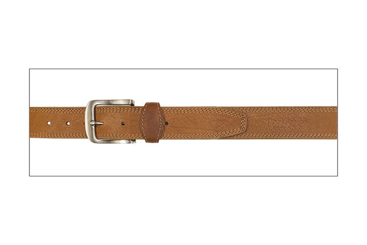 A flat view of a Honey Brown bison leather belt with a nickel finish buckle, featuring tonal triple stitched edges.