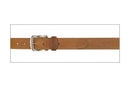 A flat view of a Honey Brown bison leather belt with a nickel finish buckle, featuring tonal triple stitched edges.