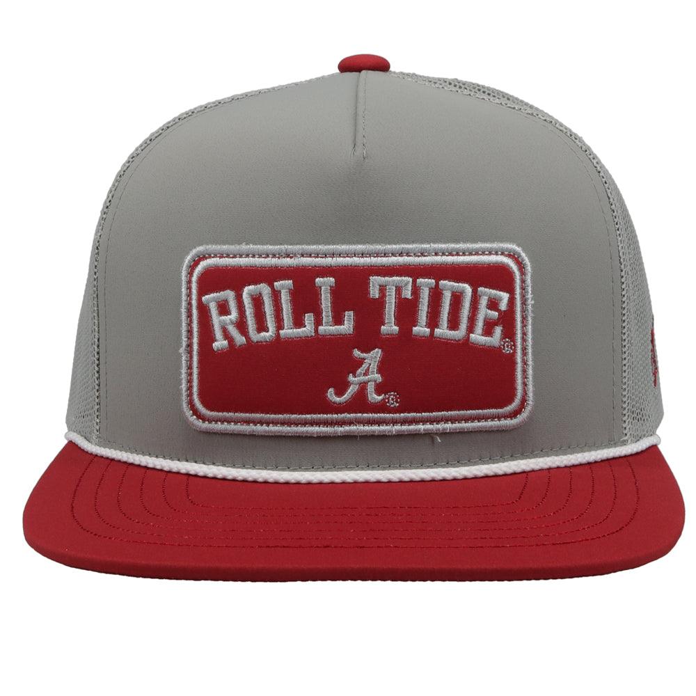 Hooey X University of Alabama snapback Grey, White, and Crimson cap. Featuring a "Roll Tide" patch and a White rope. Front view highlighting patch.