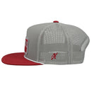 Hooey X University of Alabama snapback Grey, White, and Crimson cap. Featuring a "Roll Tide" patch and a White rope. Side view showing Hooey logo.