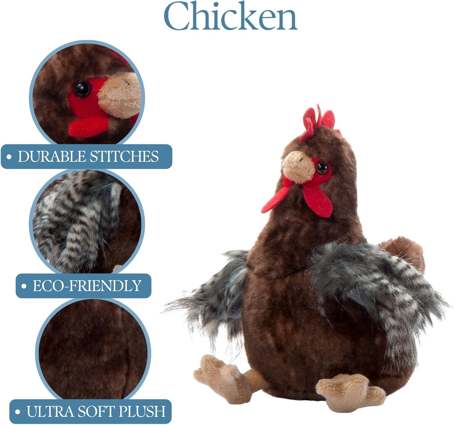 A plush toy resembling a brown chicken with red, brown, and grey detailing, and outstretched feathers. Front view. Also has insets of face, feathers, and body fur.