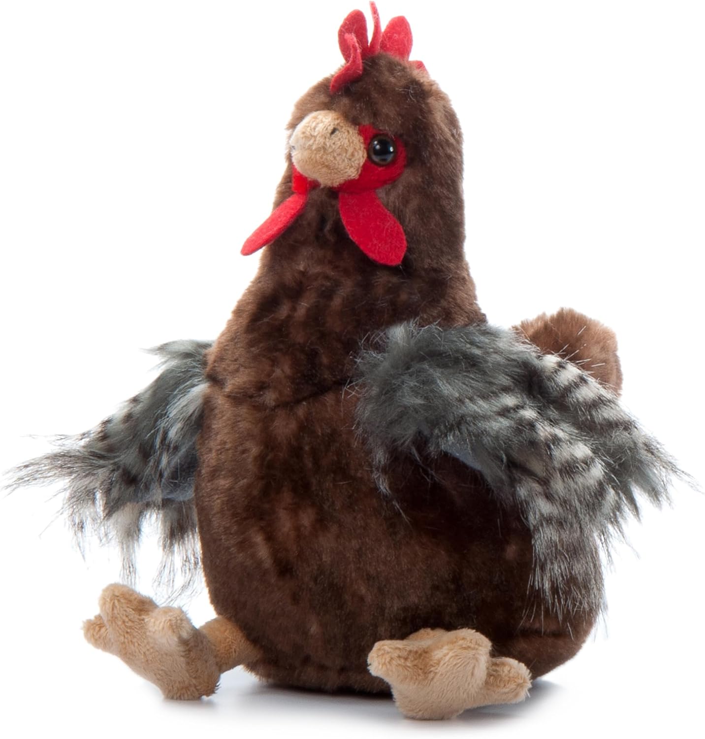 A plush toy resembling a brown chicken with red, brown, and grey detailing, and outstretched feathers. Front view.