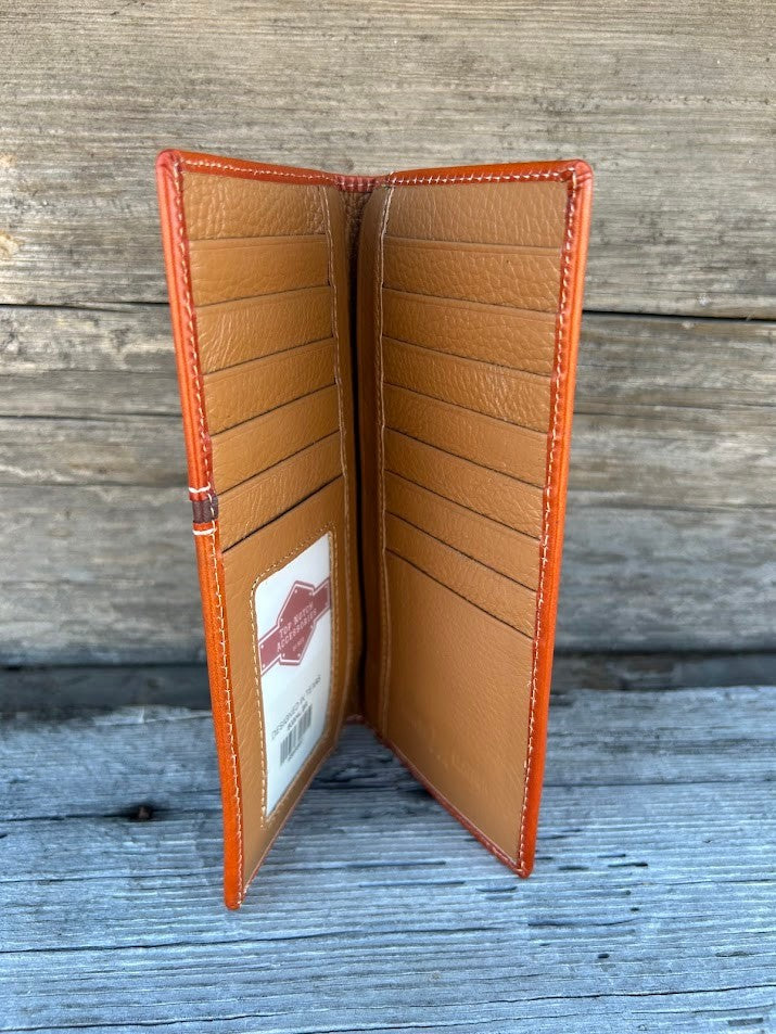 Top Notch Accessories Embossed Praying Cowboy Design Basketweave Light Brown Leather Tall Wallet with 3 Cowhide Inlay Crosses