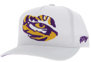White Hooey cap with Gold and Purple LSU tiger eye. Front View