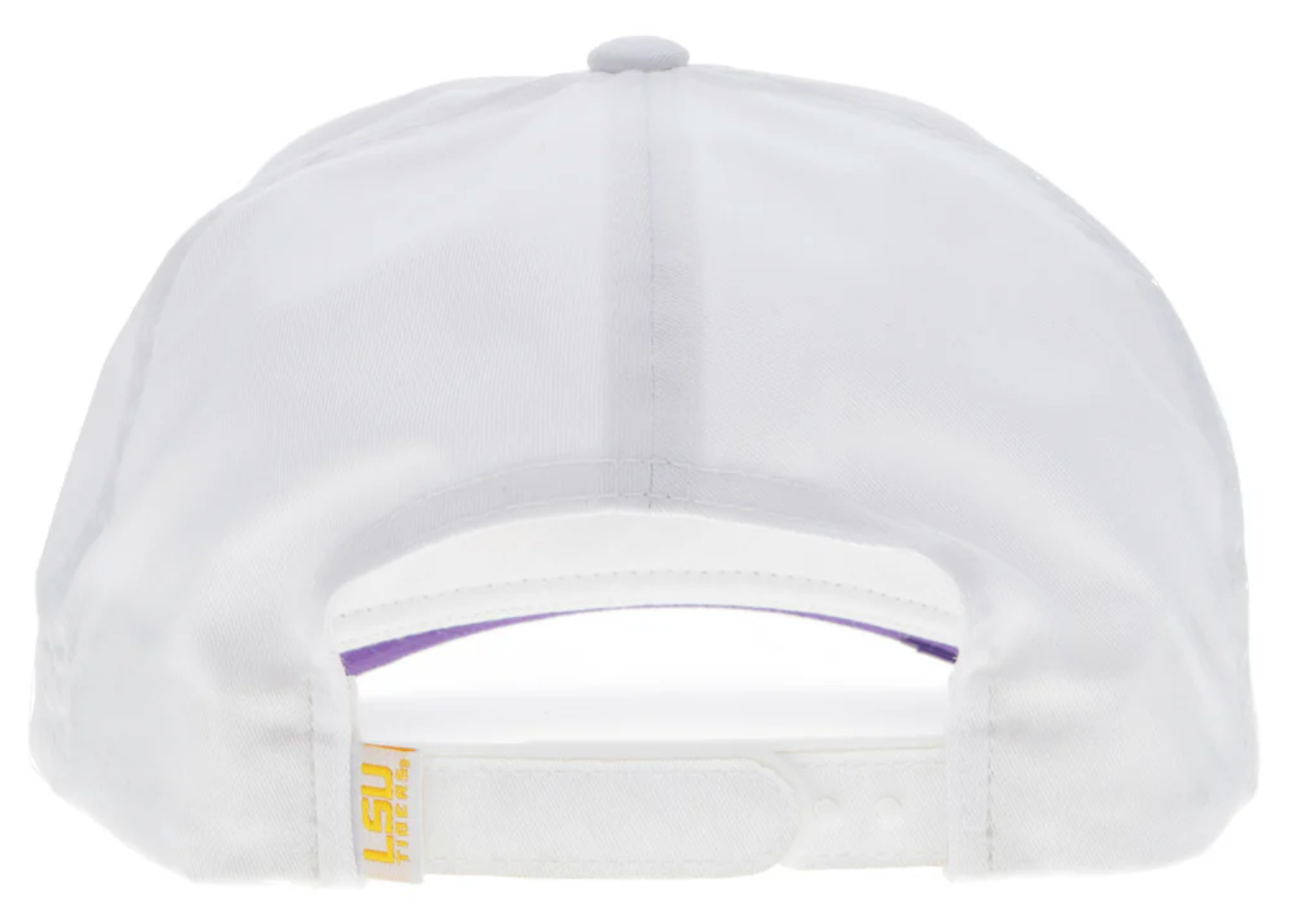 White Hooey cap with Gold and Purple LSU tiger eye. Rear view showing snapback with LSU logo in gold.