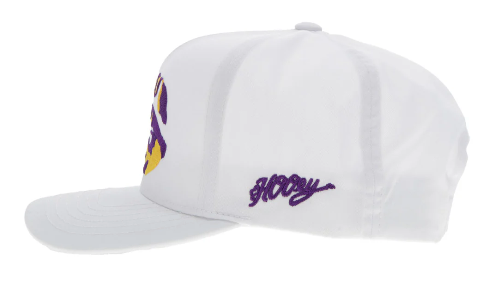 White Hooey cap with Gold and Purple LSU tiger eye. Side view with purple Hooey logo.