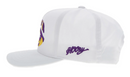 White Hooey cap with Gold and Purple LSU tiger eye. Side view with purple Hooey logo.