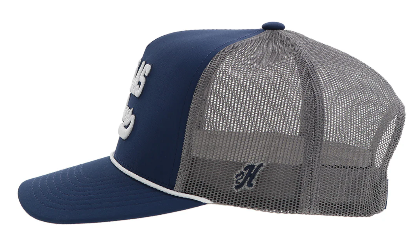 Blue snapback White rope cap with Dallas Cowboys logo in White stitching. Side view showing Hooey logo.