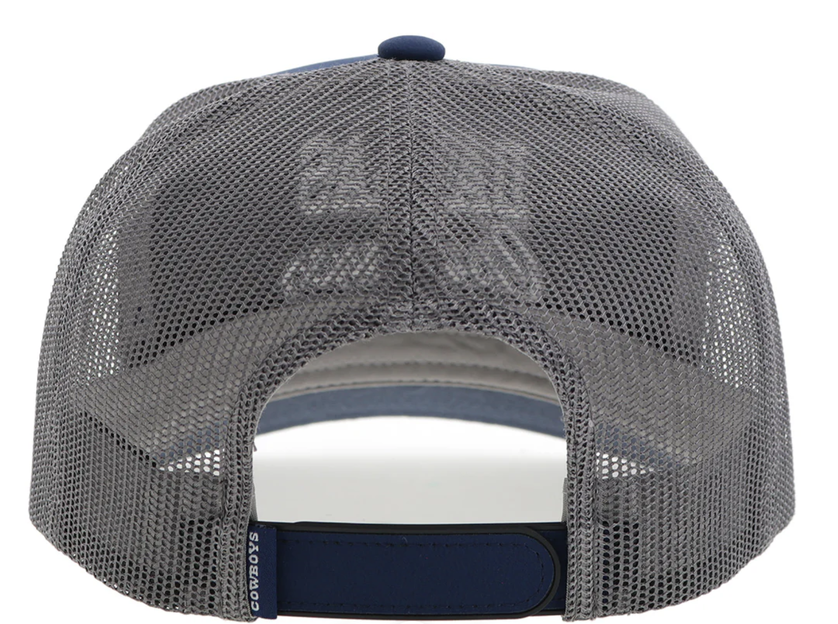 Blue snapback White rope cap with Dallas Cowboys logo in White stitching. Rear view showing Grey mesh back with Blue adjustable strap and "Cowboys" logo tag
