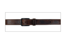 A flat view of a tan and brown distressed leather belt with a removable antique brass buckle.