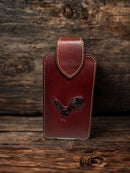 Brown leather phone case with embossed rooster design. Front View