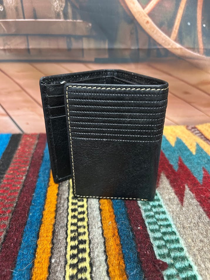 Black leather trifold wallet  with a stich pattern on the top.  Rear view