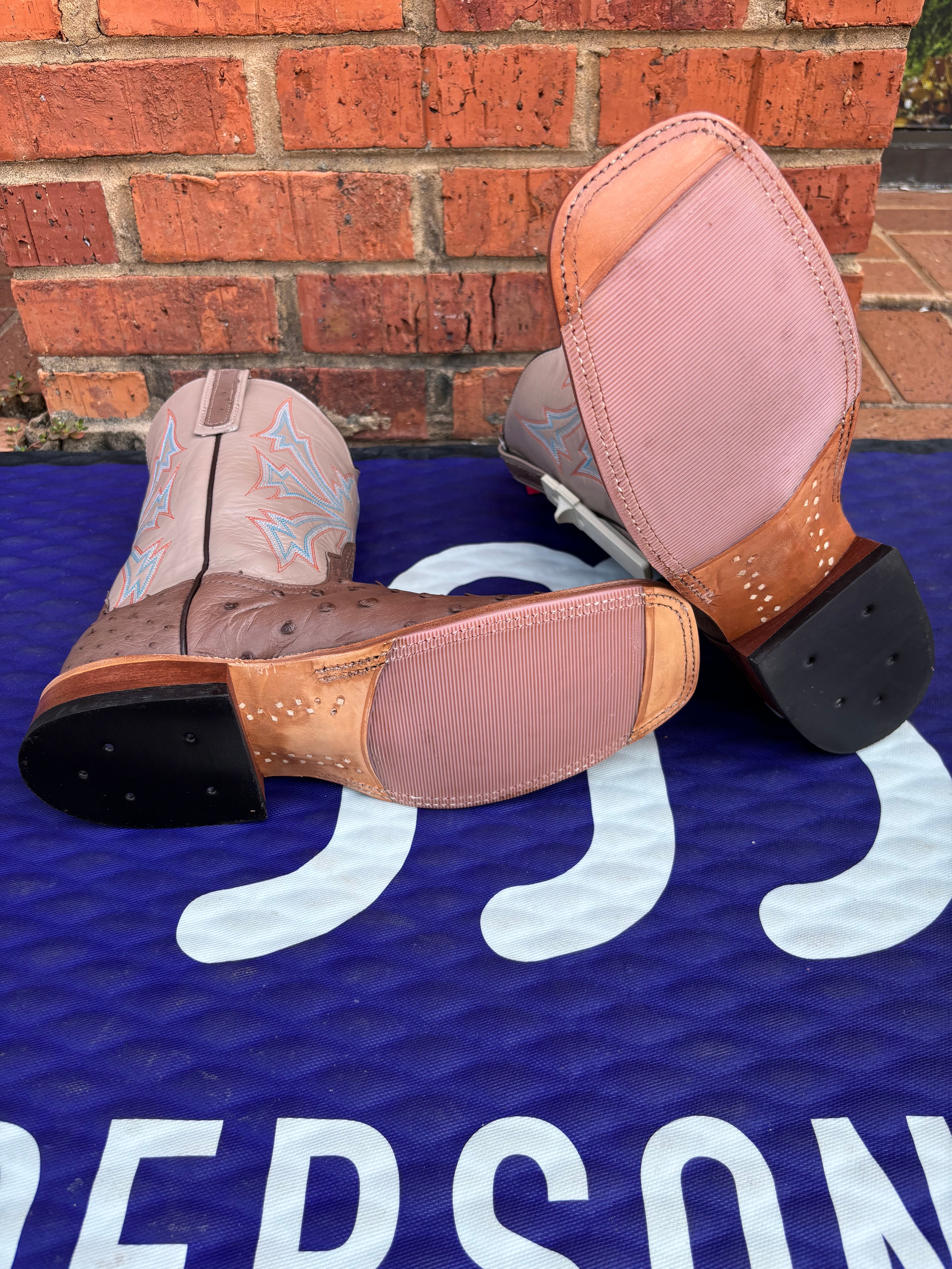 Women's Anderson Bean Mink Full Quill Ostrich Boots with a wide square toe and a Sable Kidskin shaft.  Bottom View showing hybrid outsole. 