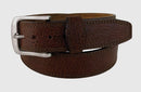 Brown bison leather belt with a nickel finish buckle, featuring tonal triple stitched edges and a sloped leather loop.