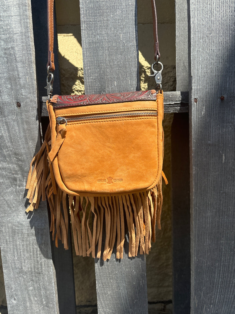Top Notch Accessories 3001BR Brown Tooled Leather Crossbody Purse