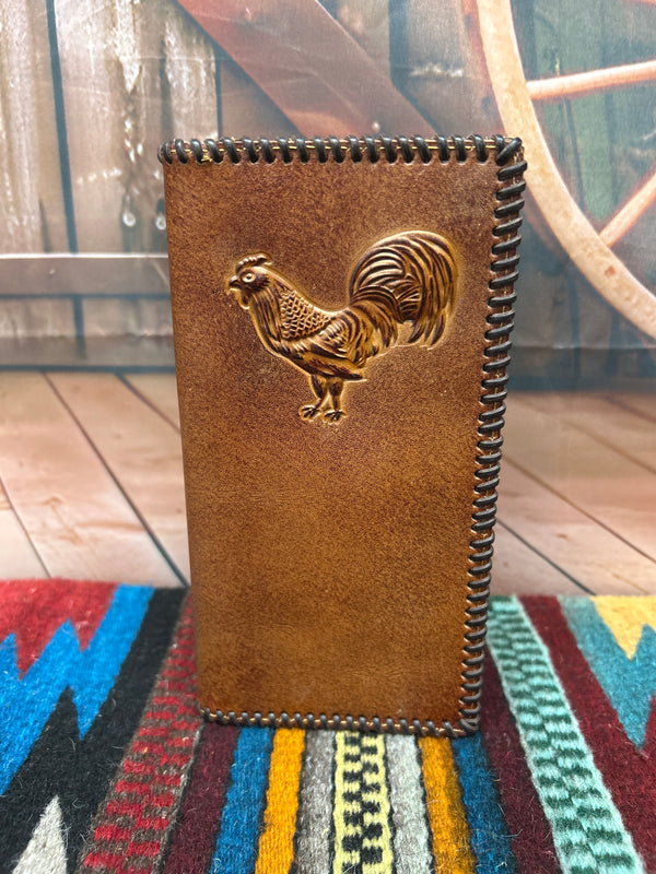 Brown leather checkbook wallet with embossed Rooster design features a whip stitched border. Front View