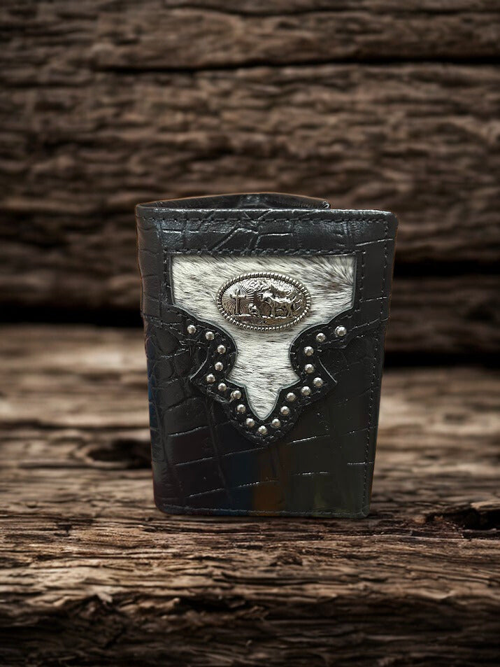 Black Alligator print leather trifold wallet with cowhide inlay and a Praying Cowboy Concho. Front View