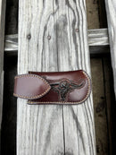 This Coffee Brown leather knife sheath from Top Notch Accessories features a embossed Longhorn design with a Star. Front View