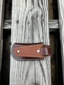 This Coffee Brown leather knife sheath from Top Notch Accessories features a embossed Longhorn design with a Star. Rear view showing the leather belt loop attachment.