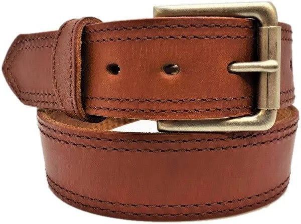 A brown, double stitched leather belt with a brass buckle. Front view.