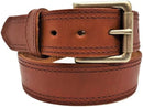 A brown, double stitched leather belt with a brass buckle. Front view.