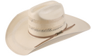 An American Hat Company straw cowboy hat with a rancher crease crown and a rancher crease brim, featuring a leather sweat band.