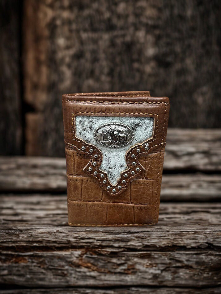 Brown Alligator print trifold wallet with cowhide inlay and Praying Cowboy Concho. Front View A
