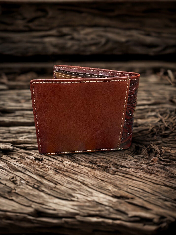 This Brown tooled leather bifold wallet has a Turquoise inlay. Rear View