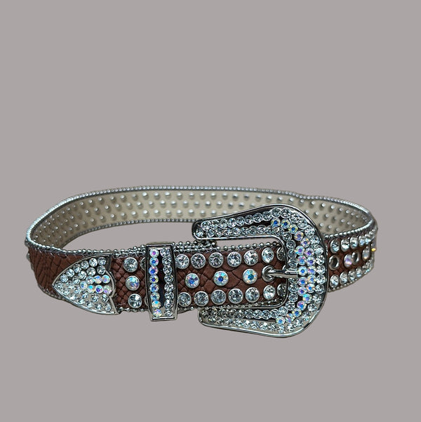 Women's belt with a coffee brown color leather and bling embellishments with a large Western Style bling buckle.
