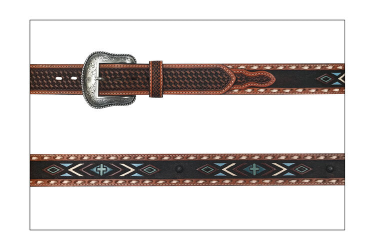 Roper 8639500 Chestnut 1 1/2" Debossed Enameled Aztec with Crosses Leather Belt