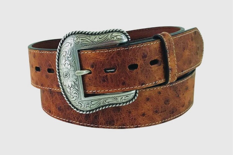 A tan brown genuine leather belt with a vintage ostrich print and two cross conchos, featuring a silver finish floral buckle.