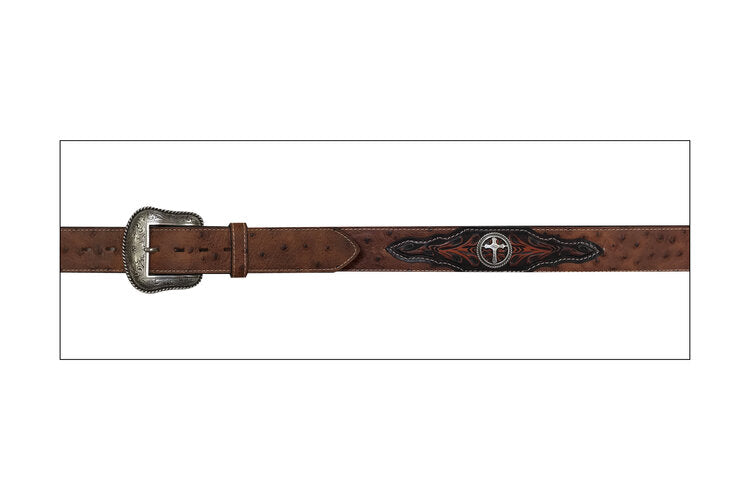A flat view of a tan brown genuine leather belt with a vintage ostrich print and two cross conchos, featuring a silver finish floral buckle.