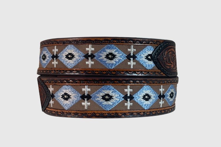 Roper 8653500 Brown 1 1/2" Aztec Embroidered Inset with Floral Tooled Billets Leather Belt