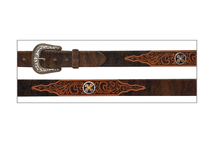 A flat view of a brown hair-on leather belt with hand tooled designs and two conchos, featuring a silver finish buckle.