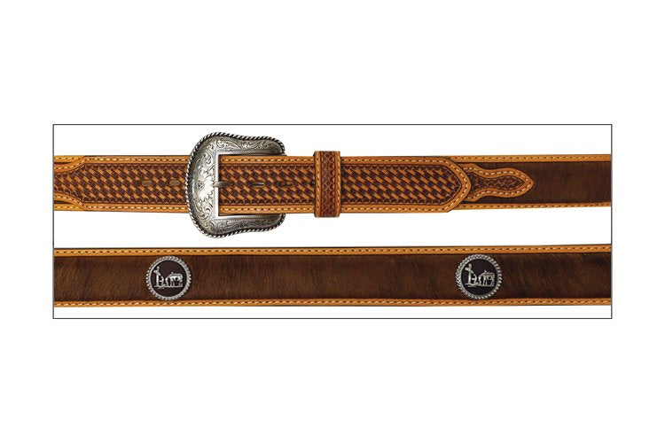 A flat view of a brown leather belt with a basketweave pattern and a silver finish buckle featuring a cowhide design. Concho with praying cowboy figuring. 