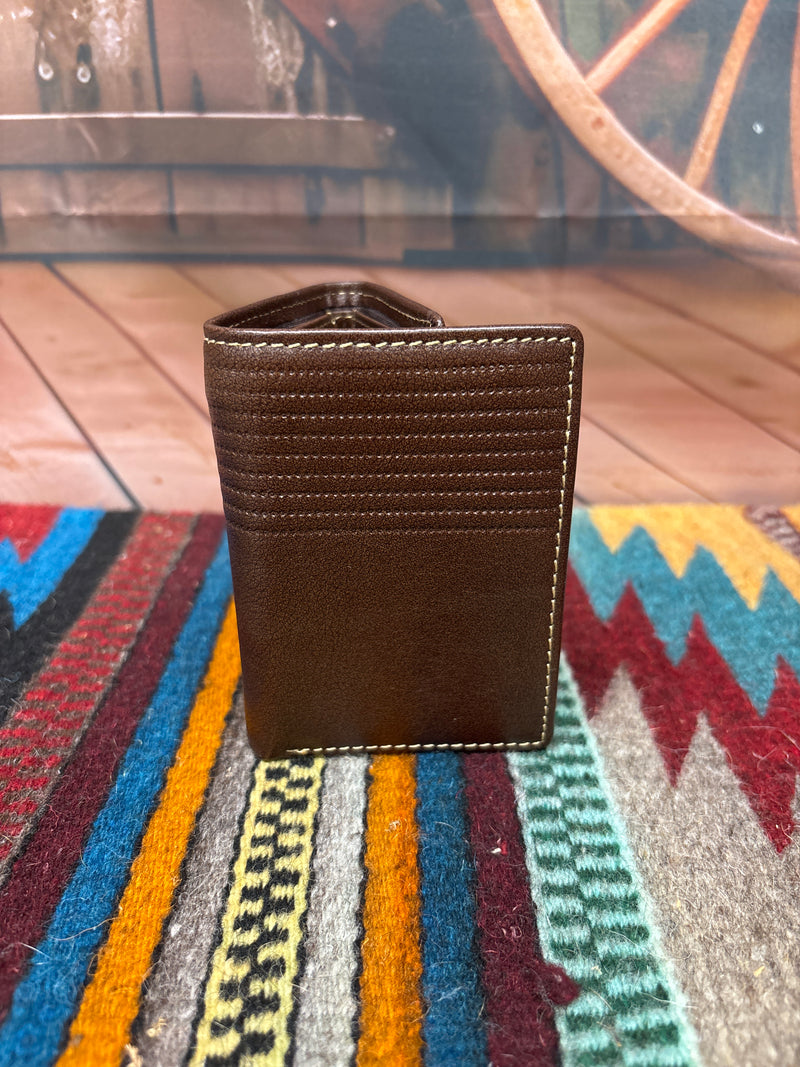 This brown leather trifold wallet has a stitching pattern along the top. Front View