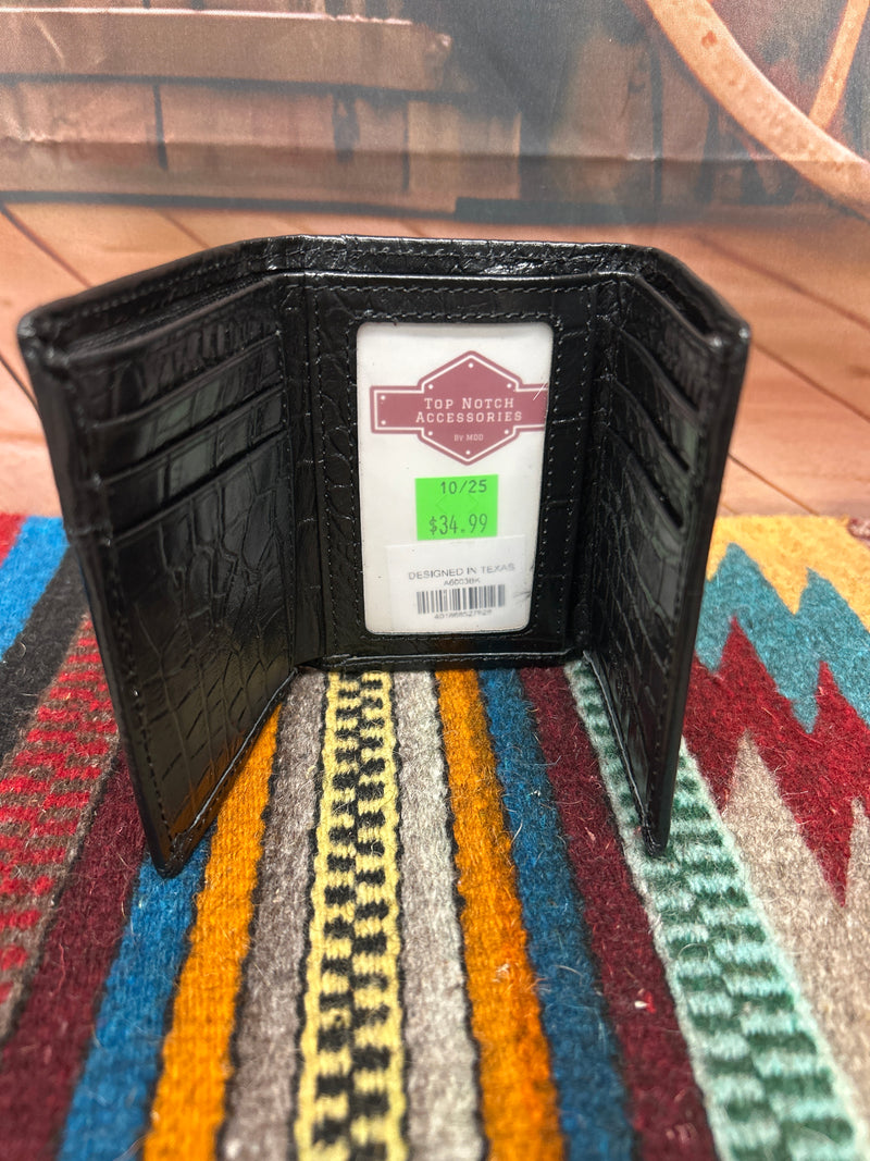 Black alligator print leather trifold wallet with a cowhide inset featuring a Rooster Concho. Inside view showing multiple card slots and a ID window. 