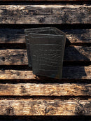 Black Alligator print leather trifold wallet with cowhide inlay and a Praying Cowboy Concho. Rear view