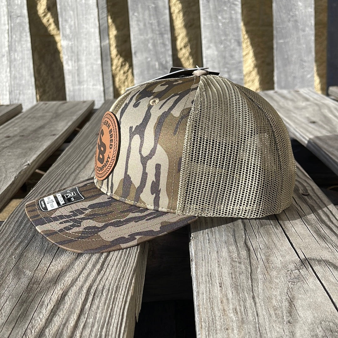 Southern Bred Apparel Company Caramel Leather Logo Patch Adjustable Snap Back Cap In Richardson 112 Mossy Oak Bottomland