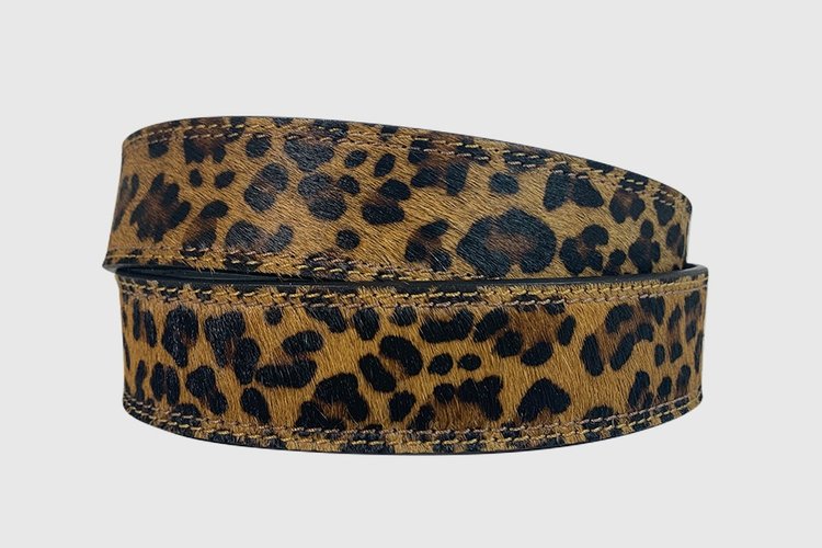 A brown leopard print hair-on leather belt.