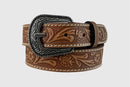 Children's brown tooled leather belt with a buckle closure.